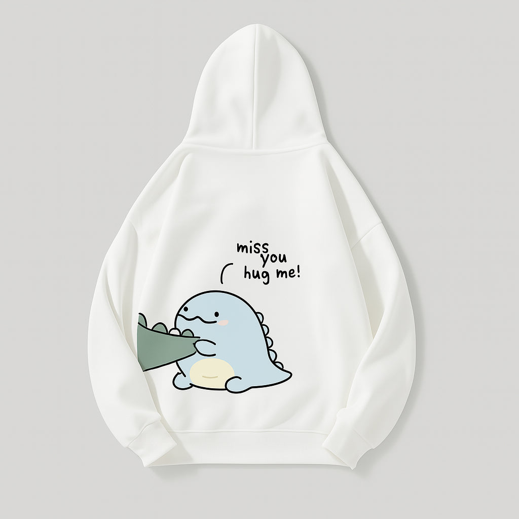 MOLETOM CASAL DINOSSAUROS ANIMADOS BRANCO "MISS YOU HUG ME!"