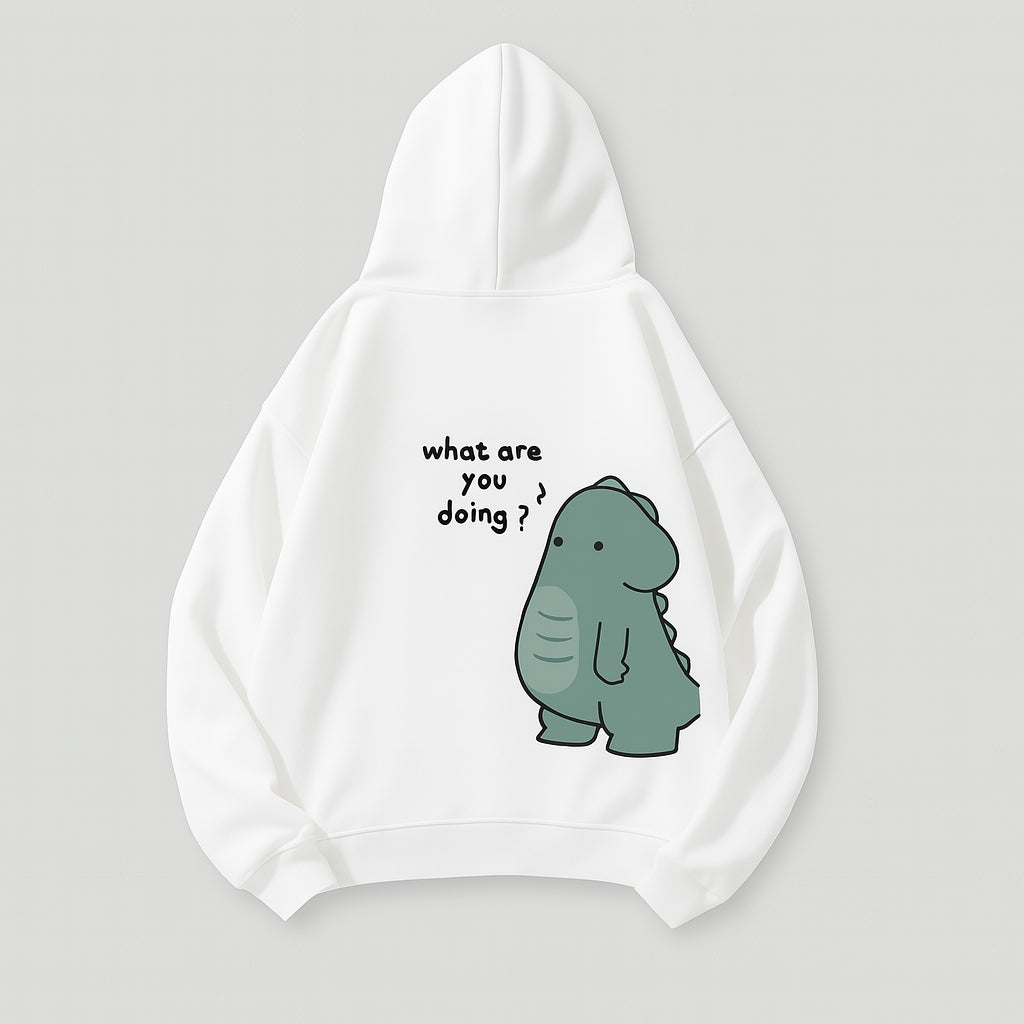 MOLETOM CASAL DINOSSAUROS ANIMADOS BRANCO "WHAT ARE YOU DOING?"