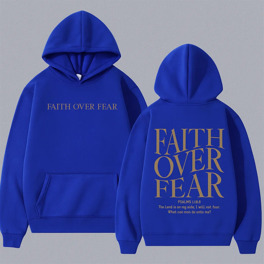 MOLETOM COM CAPUZ BOLSO CANGURU "FAITH OVER FEAR"  AZUL