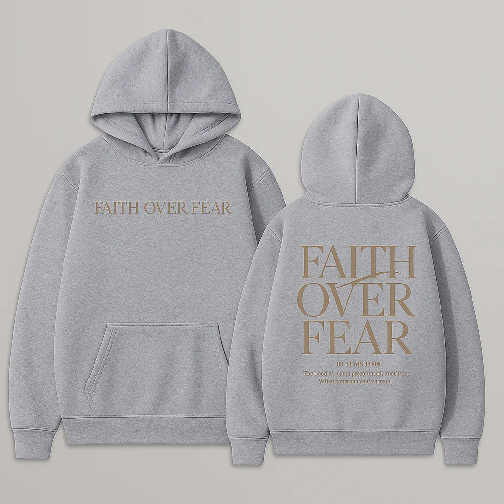 MOLETOM COM CAPUZ BOLSO CANGURU "FAITH OVER FEAR"  CINZA