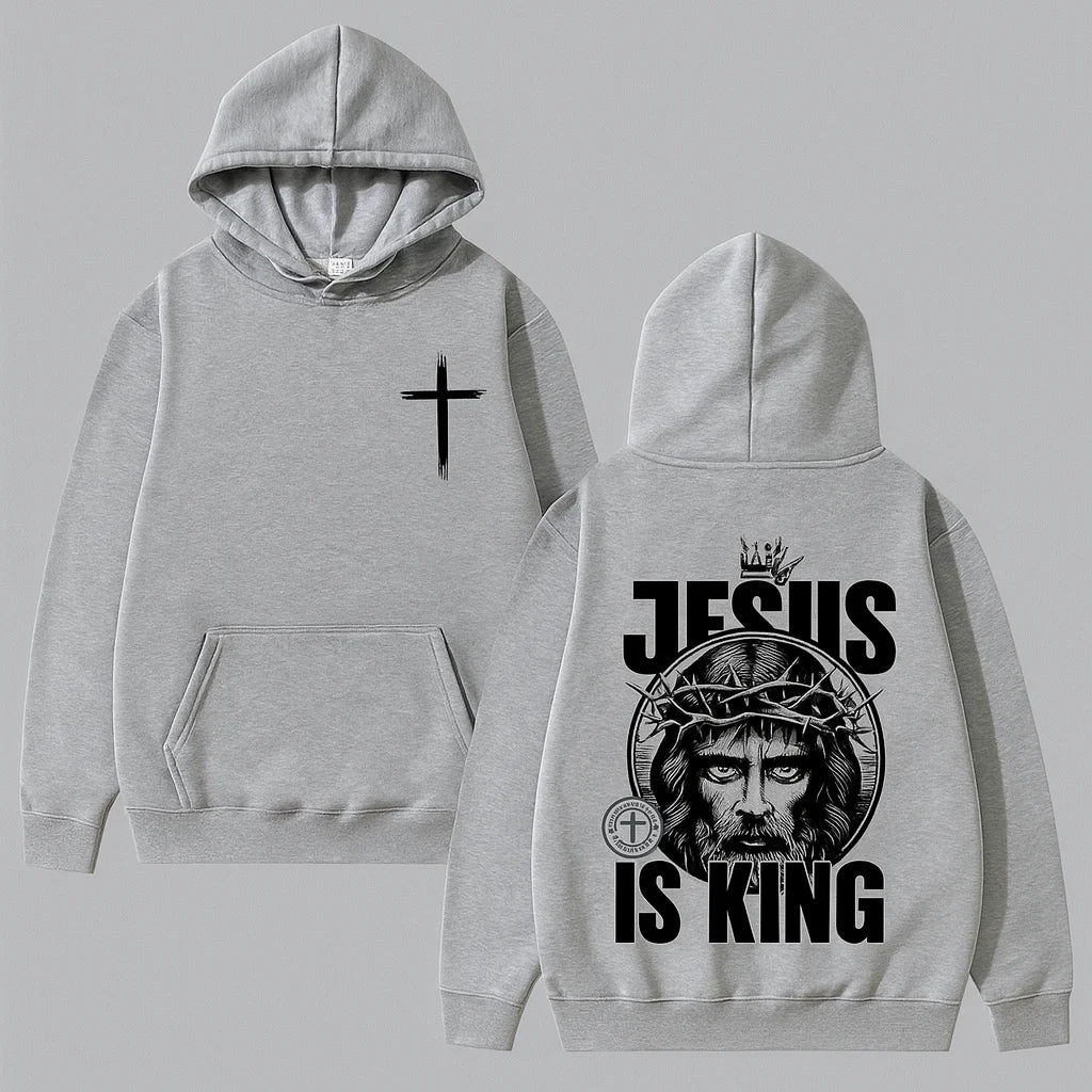 MOLETOM COM CAPUZ BOLSO CANGURU "JESUS IS KING" CINZA